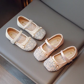 Girls Mary Janes Princess Shoes Kids Sequined Pearls Chains Performance Shoes Children Segel Leather Shoes for Party Wedding