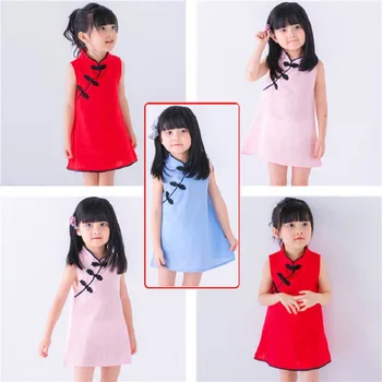 Girls Qipao Summer Nauja vaikiška solidaus kiniško stiliaus Qipao medvilninė kanapių suknelė