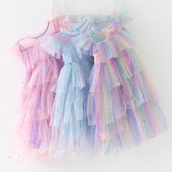 Girls Tulle Super Fairy Princess Suknelės Fly Sleeve Rainbow Star Sequined Cake Dress Children Mesh Puffy Birthday Party Vestidos