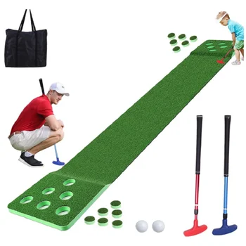Golf Pong žaidimų rinkinys - apima 2 reguliuojamus golfo dėtuvus, 2 golfo kamuoliukus, žalią pongų golfo kilimėlį ir golfo skylių dangtelių kilimėlį