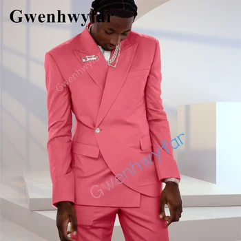 Gwenhwyfar Luxury vyriškų kostiumų komplektas Jaunikio vestuvinė suknelė Smokingas Fashion Design Party Banketas Ryškiai rožinis švarkas + Kelnės 2 vnt.