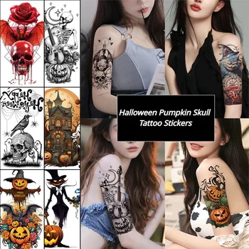 Helovino modeliavimo moliūgų kaukolės vyrų ir moterų tatuiruočių lipdukai Neperšlampami pusės rankos šlaunų spalvos tatuiruotės lipdukai