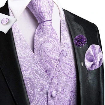 Hi-Tie šviesiai violetinės vestuvės Vyriškos liemenės Šilkinės Paisley liemenės kaklaraištis Hanky rankogalių segtukų sagės Komplektai formaliam verslo dizaineriui