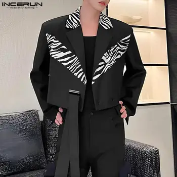 INCERUN Tops 2023 Korėjietiško stiliaus vyriško zebro rašto patchwork dizainas Blazer Casual Stilingas apkarpytas kostiumas ilgomis rankovėmis S-5XL