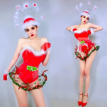 Kalėdų Gogo šokėjos kostiumas Moterys Raudonas smėlinukas Skaidrus sijonas Naktinis klubas Ds Dj Rave Apranga Scenos vakarėlio drabužiai XS7445