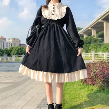 Kawaii Naujo stiliaus japoniška minkšta mergina Lolita Saldi Juoda aukštu liemeniu Gothic Ruffled op Suknelė ilgomis rankovėmis Moterys