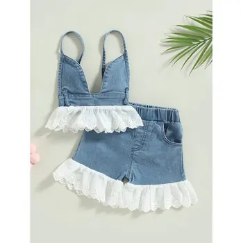 Kids Baby Girls Summer Outfit 9M-5y Toddler Girl Apranga Nėriniai Patchwork Backless Denim Camisole Tops Elastic Casual Shorts Set
