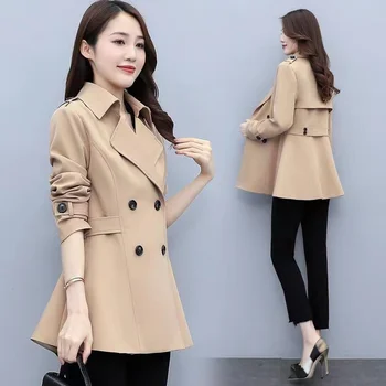 Korėjos mados pavasario rudens tranšėjos paltas 2023 Naujos moterys Trumpas dvivietis Laisvalaikio moters paltas Windbreaker Moteriški viršutiniai drabužiai