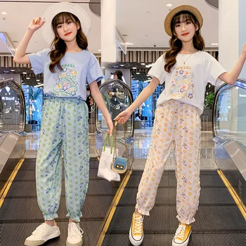 Korėjos vaikų drabužiai 2023 m. vasaros rinkiniai mergaitėms Paauglė mergina O kaklas trumpomis rankovėmis Viršūnės Junior Girl Kelnės 2 dalių komplektai