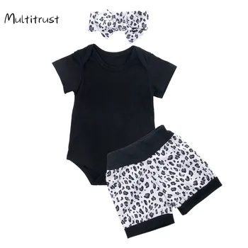 Kūdikių naujagimių mergaičių trumpomis rankovėmis juodas smėlinukas+leopardo atspaudas Šortai +galvos juosta 3vnt Vasaros aprangos drabužių komplektas Dydis 0-2T