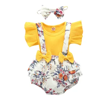 Kūdikių vasaros drabužiai Kūdikis Naujagimis Mergaitės Elastinis juosmuo Plonas smėlinukas Gėlės Marškinėliai Kombinezonai + Galvos juosta 3Vnt
