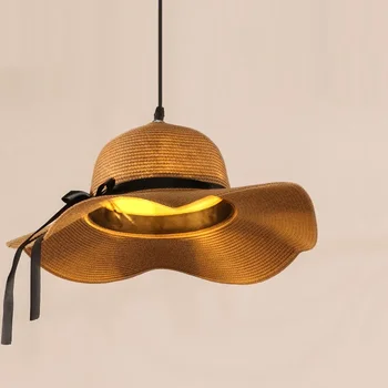 Kūrybinė pakabinama šviesi šiaudinė kepurė Pakabinama lempa valgomajam Baro lubų lubų dekoras Modernus šviestuvas E27 šviestuvas