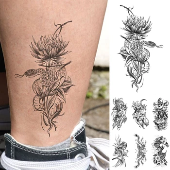 Laikini tatuiruočių lipdukai, gyvatės gėlės kūno meno krūtinės peties tatuiruotė vyrams ir moterims