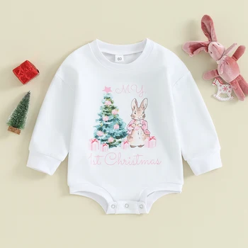 Listenwind Baby Girls Christmas Romper For Fall Long Sleeve Crew Neck Tree Rabbit Print Bodysuit Clothes for Casual Daily
