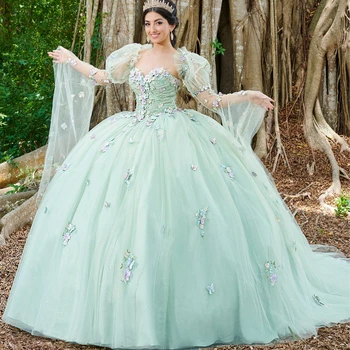 Lorencia 3D Flowers Mint Green Quinceanera suknelės su Cape Ball Gown Corset Princess Dress vestidos de quinceañera aqua YQD183
