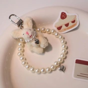 Lovely Plush Rabbit Charm Raktų pakabukas Išskirtinis širdies perlas Pakabukas Automobilio raktų pakabukas Kuprinė Dekoravimo krepšys Žavesys Papuošalų dovana
