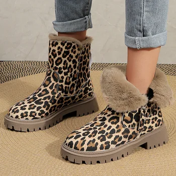 Lucyever Leopard Thick Plush Ankle Boots Women 2023 Winter Thick Sole Warm Snow Boots Woman Non Slip Platfrom Booties Mujer 42
