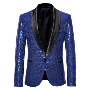 Luxury Royal Blue Sequin Blazer Men Nightclub Stage Shaw Collar Vyriškas kostiumas Švarkas Vestuvių vakarėlis Prom DJ Dainininkas Blazer Masculino