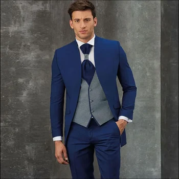Madingi vestuviniai kostiumai vyrams Blazer Blue Single Breasted Stand Lapel Luxury Terno 3 Piece Jacket Pants Vest Slim Fit Kostiumas