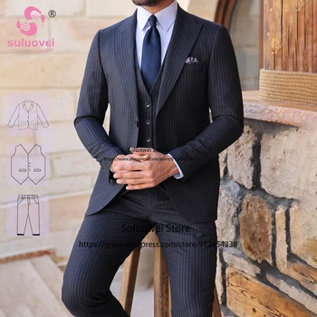 Mados verslas Pinstripe kostiumai vyrams Slim Fit 3 dalių kelnių komplektas Jaunikio vestuvės Didžiausias atlapas Smokingo kostiumas Homme Pour Mariage