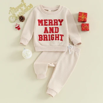 Mažylio kūdikio kalėdinė apranga Fuzzy Letter džemperių kelnių komplektas 2 dalių naujagimio vafliniai rudens žieminiai drabužiai