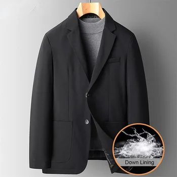 Men Down Lining Blazer Jacket Business Casual Autumn Winter Warm Thick Outwear Down Coat Suit Windproof New