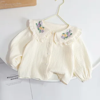 Mergaičių marškiniai Pavasario ruduo Nauja vaikų korėjietiška mada siuvinėti balti marškiniai Atsitiktinių mergaičių Peterio Pano apykaklės megztinis Viršus