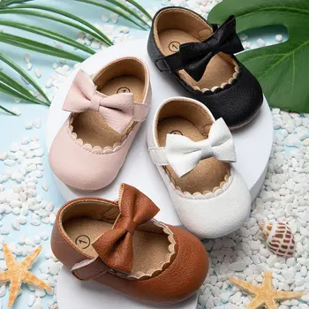 Mieli saldūs neslystantys guminiai minkšto pado PU odiniai princesės batai Kūdikių pirmosios vaikštynės Bowknot kūdikių laisvalaikio batai