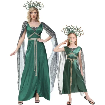 Mitas Medusa Gorgon Cosplay Serpentine Print Plyšinė suknelė moterims Raganos žalia suknelė Galvos apdangalas Cape Tulle Dleeves Helovino kostiumas