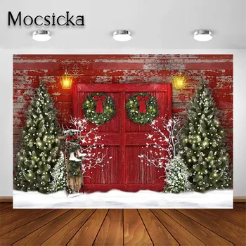 Mocsicka žiemos fotografijos fonas portretui Kaimiškos medinės durys Plytų sienos fonas Sniego pušis Fotostudija Dekorai Rekvizitai