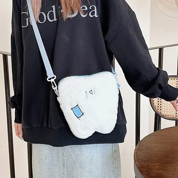 Moterys Mielas animacinis filmas ins juokingi dantys pliušinis pečių krepšys mergaitės kryžminis krepšys pūkuotas mobiliojo telefono krepšys