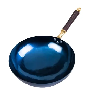 mėlynas apvalus dugnas wok,30cm kiniškas plaktukas pow wok 2mm storio iš anksto pagardintas virimo puodas virtuvės indai wok dujinėms viryklėms