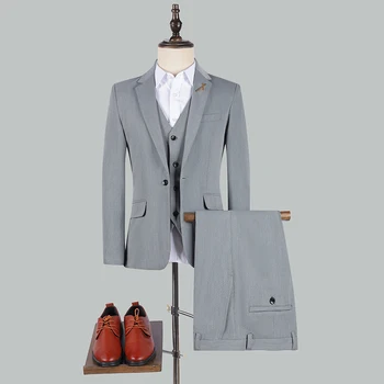 Nauja (Blazer+ Liemenė + Kelnės) Vyrų mados verslas Vienspalvis plonas prigludęs darbas Profesionalus kostiumas Vestuvių jaunikis Geriausias vyro suknelės kostiumas