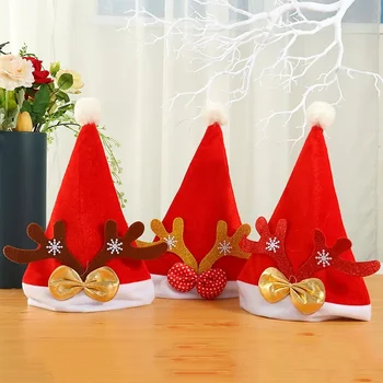 Nauja sutirštinta kanarėlė Kalėdinė kepurė suaugusiems Raudona kalėdinė kepurė vaikams miela ragų kepurė atostogų reikmenys
