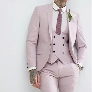 Naujausias rožinis Shaw atlapas Vyriškas kostiumas 2023 Slim One Button Formal Prom 3 Pieces Vyriški rinkiniai Blazer+Liemenė+Kelnės Smokingo kostiumas Homme
