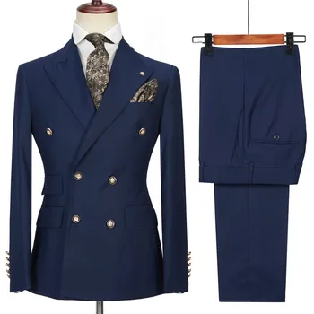 Navy Blue Vyriški kostiumai Verslo kostiumas Homme vestuvinė suknelė Jaunikis Smokingas Terno Slim Fit Prom Dvivietis švarkas (švarkas+kelnės)