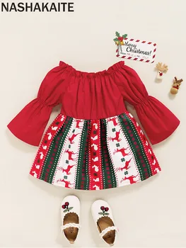 NAŠAKAITĖ 2021 Baby Girl DressTrumpet rankovė Žieminė suknelė Pečių siuvimas Kalėdinės suknelės mergaitėms Kalėdiniai drabužiai kūdikiams