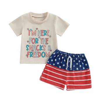 Nepriklausomybės diena Vaikų drabužiai Apranga Mažyliai Berniukai Mergaitės Laiškai trumpomis rankovėmis Spausdinti Viršūnės + Žvaigždės Juostelės Šortų rinkinys