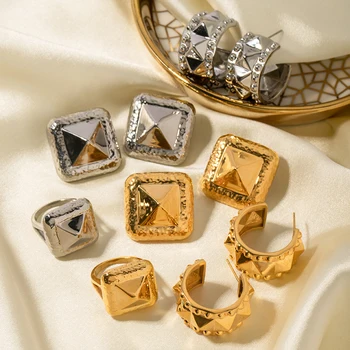 Nerūdijančio plieno kniedės dizainas Aukso/plieno spalva Perdėtas stačiakampis žiedas ir auskarai Moterys juodina laisvo dizainerio stiliaus papuošalus