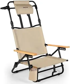 paplūdimio kėdės suaugusiems - ištraukiama aukšta nugara žemo profilio paplūdimio kėdė su galvos atrama, vėsesnis maišelis, puodelio laikiklis, 4 padėčių klojimas F