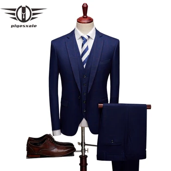Plyesxale Blue Plaid Suit Men 2023 Autumn Slim Fit Vyriški kostiumai su kelnėmis Prekės ženklas Groom Vestuvinis kostiumas Vyras Verslo oficiali apranga Q146