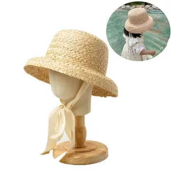 Rankomis megztos vaikų kepurės Saulės kepurės Pastoralinio stiliaus skėčiai nuo saulės Raffia paplūdimio kepurės su raišteliais Atostogų šiaudinė skrybėlė Vasara