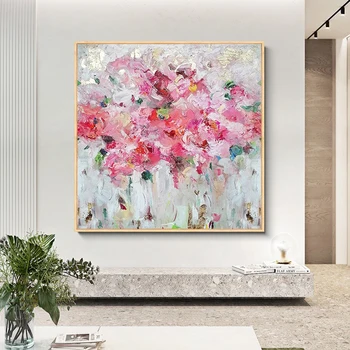 Rankų darbo rožinė gėlė Meno kūriniai Tapyba Puošyba Vestuvės Namų sienų tapyba Abstrakti gėlių siena Menas Paveikslo tekstūros tapyba