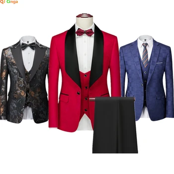 Raudonas vyriškas kostiumas Trys kėlimo audinio dalys Blazer striukė ir liemenės kelnės Mėlyna Balta Pilka Rožinė Vyriški komplektai M L XL 2XL 3XL 4XL 5XL