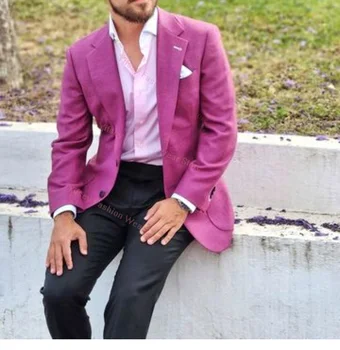 Rožė Raudona didelė kišeninė striukė su juodomis kelnėmis Fuchsia Blazer Vyriškas kostiumas Elegantiškas komplektas Prabangių drabužių dizaineris Boyfriend Slim Fit