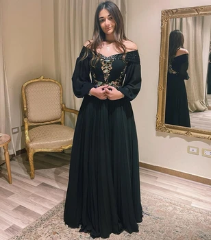 Saudo Arabija Elegantiškos vakarinės suknelės Juodos prom suknelės ilgomis rankovėmis Moteriški blizgučiai Karoliukai Linija Vestuvių svečių vakarėlis Prom chalatai