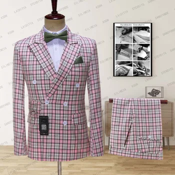 SILIWEYA 2023 New Style Boutique Pink Lattice Formal Business Vyriškų kostiumų rinkinys Jaunikis Vestuvinė suknelė Dvivietė krūtinė 2vnt