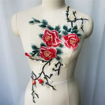 siuvinėta raudona rožinė bijūnų gėlė nėrinių medžiagas medžio šakos suknelė aplikacijos siuvimo pleistras vestuvių dekoravimui suknelė 