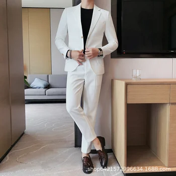 Spring New Set Vyriškas vaflinis kostiumas Korėjietiškas 2 dalių kostiumas Lieknas prigludęs verslas vyriškas žalias Chaki kostiumas jaunikio vestuvės Tailcoat 4XL