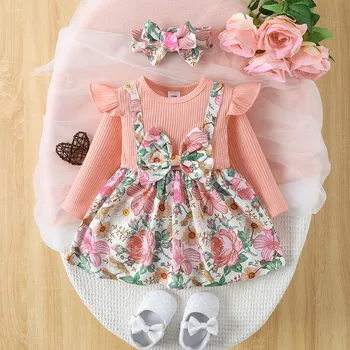 Suknelė vaikams 3-24 mėnesių stilius Mada ilgomis rankovėmis kalėdiniai gėlių atspaudai Princesės oficialios suknelės Ootd Baby Girl Vestidos